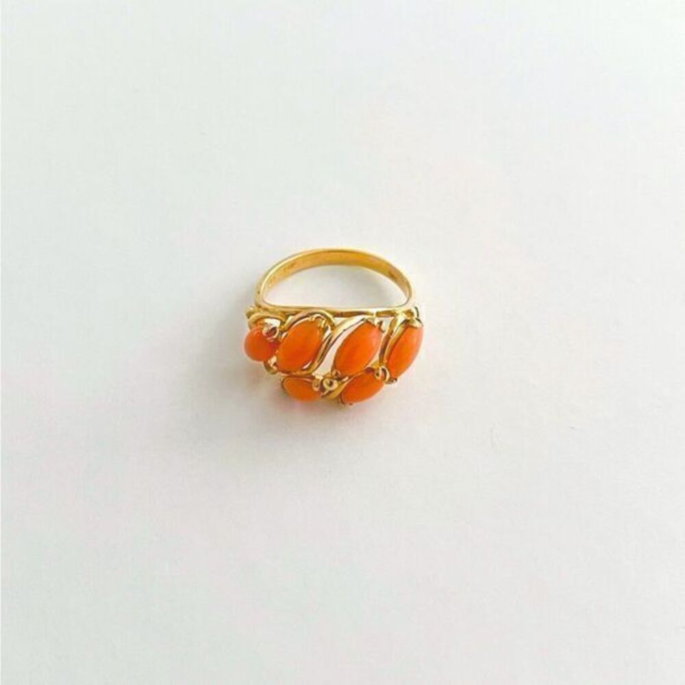 Beautiful Vintage Coral Ring in 14KT Gold Marquise Cluster Ring